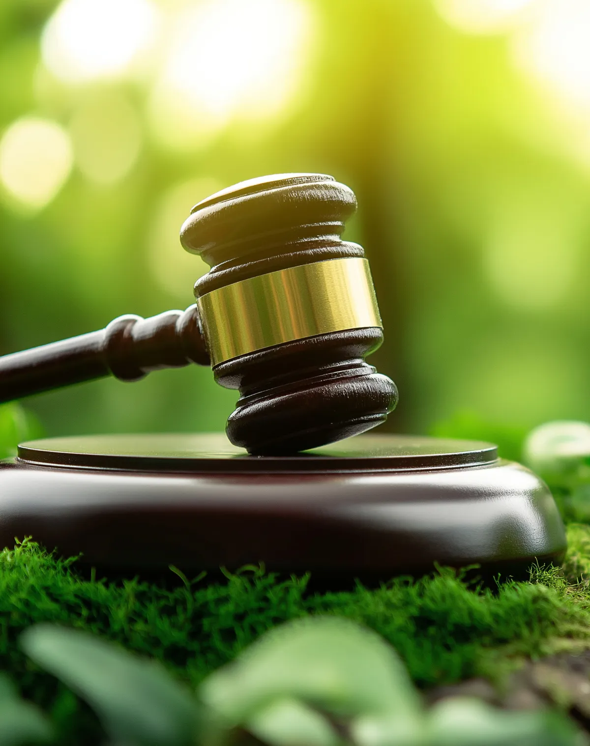 marteau de justice sur un lit de mousse verte, symbolisant le lien entre la justice et la préservation de l'environnement.